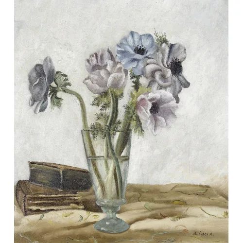 Albert Locca — Stillleben mit Anemonen in Glasvase und alten Büchern.