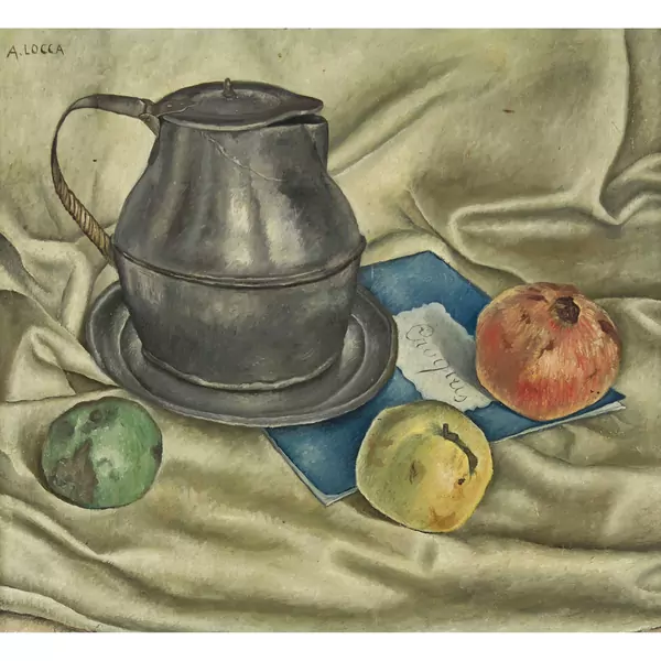 Stillleben mit Obst, Zinnkanne und Heft