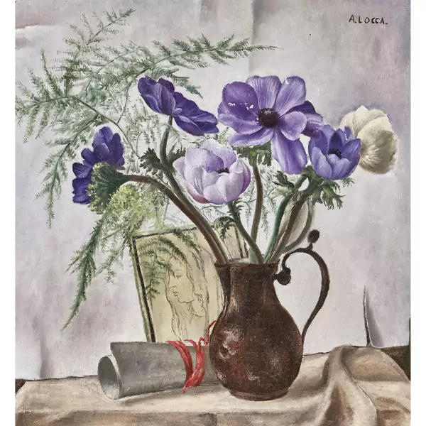 Stillleben mit Anemonen und Farn in Kupferkanne