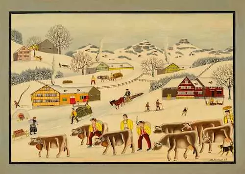 ALBERT MANSER — Alpabzug im Schnee. 1969. (descent from the mountains with cattle in the snow) — Koller Auktionen