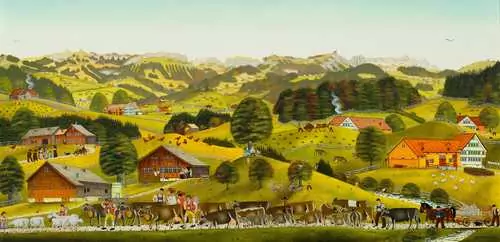 ALBERT MANSER — Alpabzug im Appenzellerland mit Alpsteinkette. 1986. — Koller Auktionen