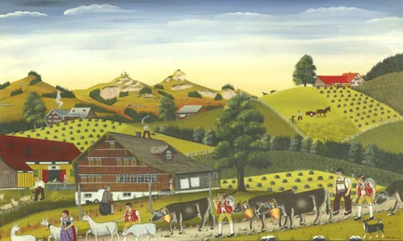 Alpabfahrt vor Appenzeller Sommerlandschaft, 1971