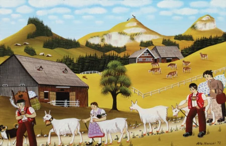 Appenzeller Familie mit Ziegen und Bläss, 1972