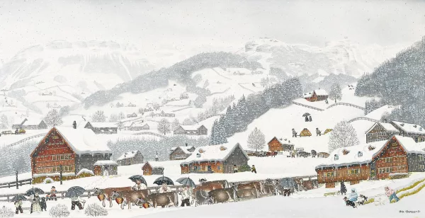 Albert Manser — Appenzeller Winterlandschaft mit Kühen und Bauern.