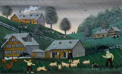 ALBERT MANSER — Regenwetter ("Mit de Saue fort"). 1981. — Koller Auktionen