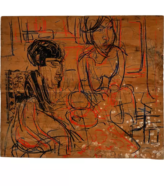 Albert Müller — Zwei Frauen (Holztafel) — Galerie Kornfeld