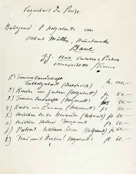 Albert Müller — 2 eigenhändige Manuskripte, das erste betitelt «Verzeichnis der Preise», mit eigen- händigem Namenszug «Albert Müller» (in der Absenderadresse). Beide ohne Ort und Datum. — Galerie Kornfeld