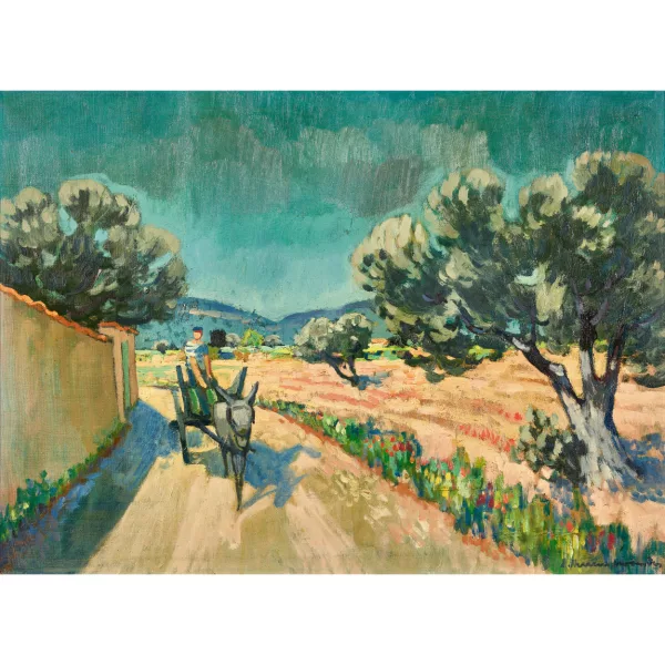 Albert Neuenschwander — Bauer mit Eselwagen in mediterraner Landschaft.