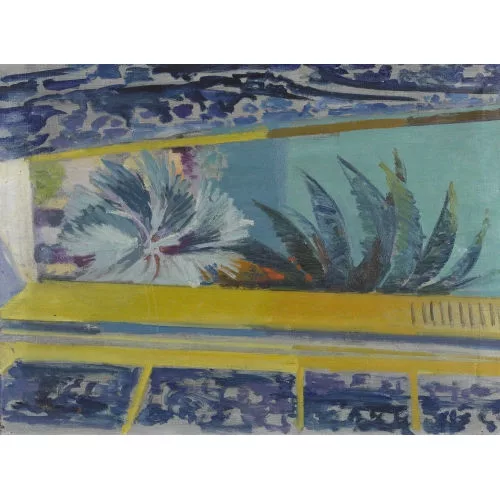 Albert Neuenschwander — Blick durchs Fenster auf Palmen und einen Strand.