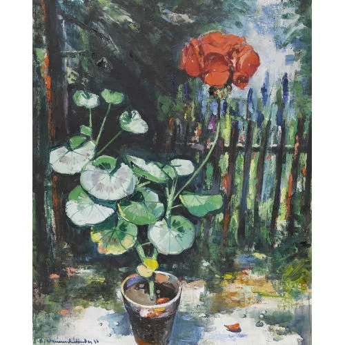 Albert Neuenschwander — Geranie im Topf mit Gartenzaun.