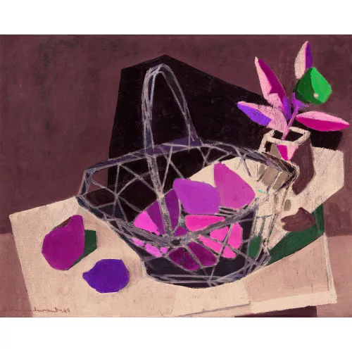 Albert Neuenschwander — Kubistisches Stillleben mit Frücktekorb und Rose.