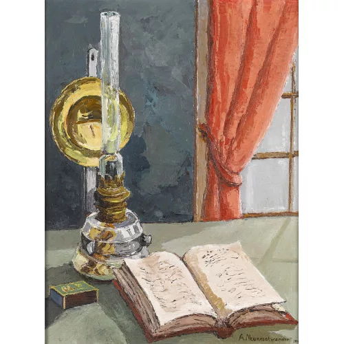 Albert Neuenschwander — "Stillleben mit Petroleumlampe, Buch und Zündholzschachtel".