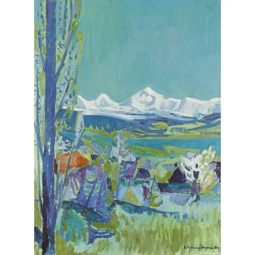 Albert Neuenschwander — Sommerliche Landschaft mit Alpenkette.