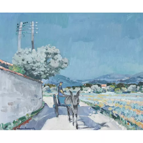 Sonnige Landschaft mit Eselkarren
