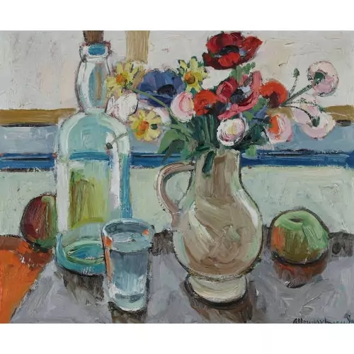 Stillleben mit Blumen, Glas und Karaffe