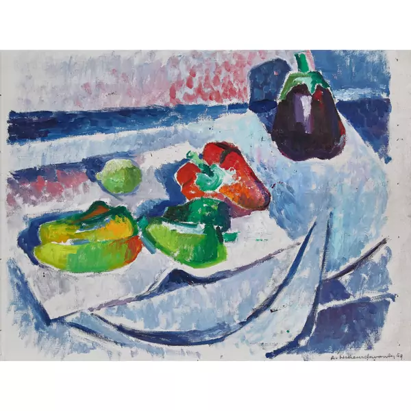 Stillleben mit Peperonis, Aubergine und Zitrone