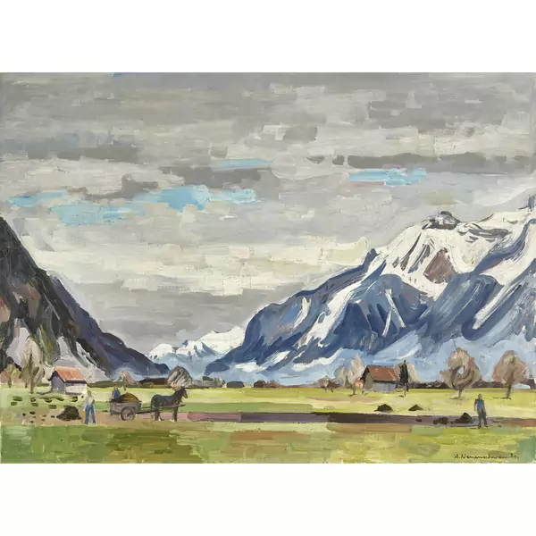 Weites Bergtal mit Bauern bei der Ernte
