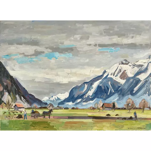 Weites Bergtal mit Bauern bei der Ernte