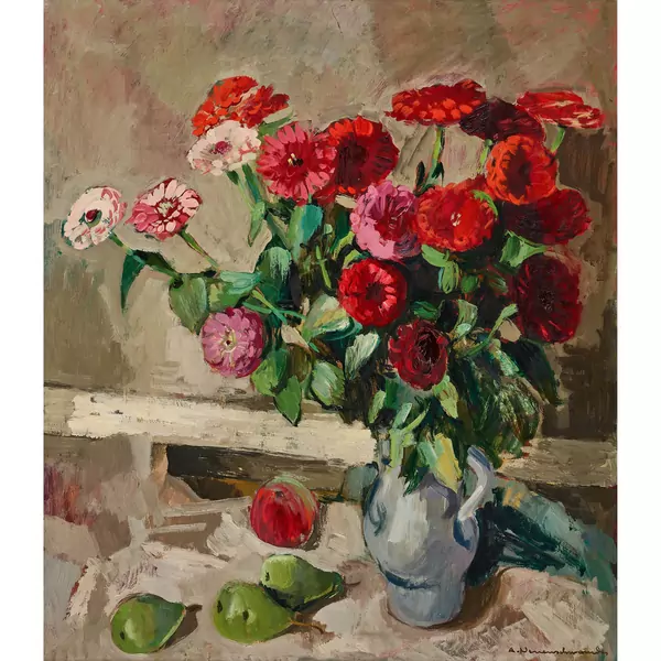 Zinnien in Westerwälder Steinzeugkrug