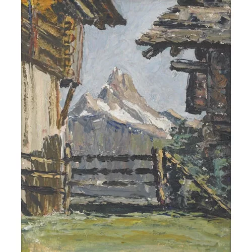 Albert Neuenschwander — Walliser Häuser mit Blick auf einen Berg.