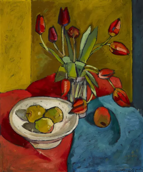 Stillleben mit Tulpen und Äpfeln