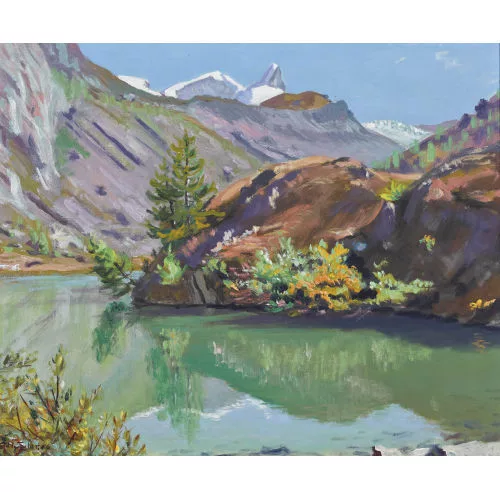 Albert Nyfeler — Sommerliche Uferpartie mit verschneiten Berggipfeln.