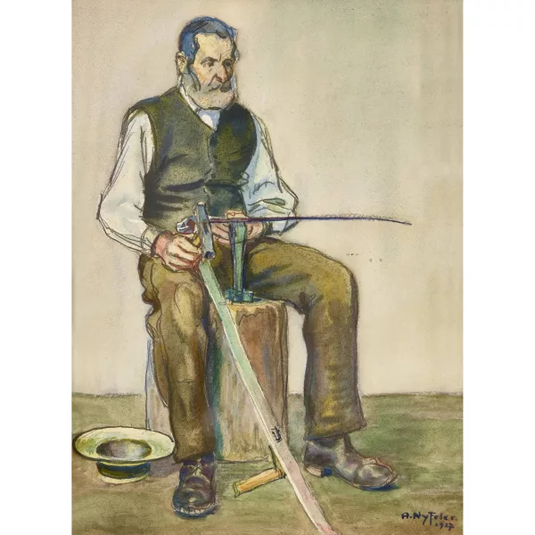 Albert Nyfeler — Sitzender Bauer beim Dengeln der Sense.