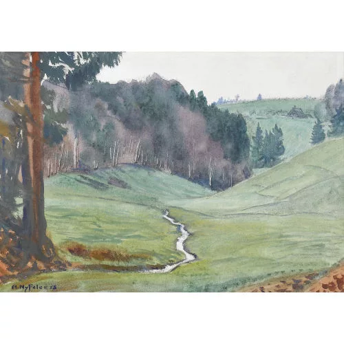 Albert Nyfeler — Bewaldete Hügellandschaft mit Bach.