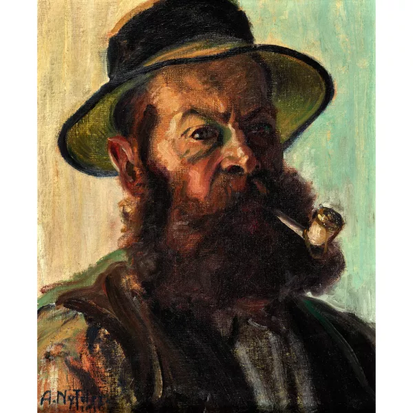 Albert Nyfeler — Porträt eines bärtigen Mannes mit Hut und Pfeife.
