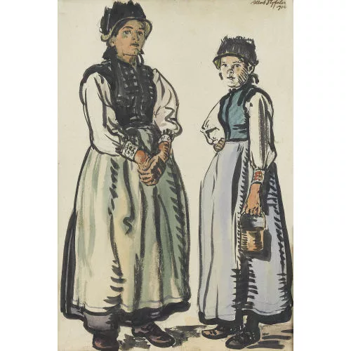 Albert Nyfeler — Zwei stehende Lötschentaler Trachtenfrauen.