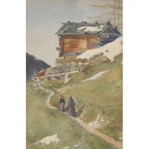 Albert Nyfeler — Sonnige Hangpartie mit Chalet und Figurenstaffage.