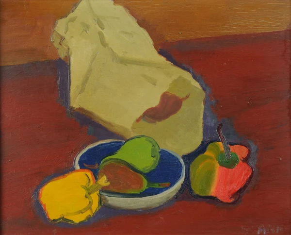 Albert Pfister — Stillleben mit Peperoni und Birnen in Obstschale