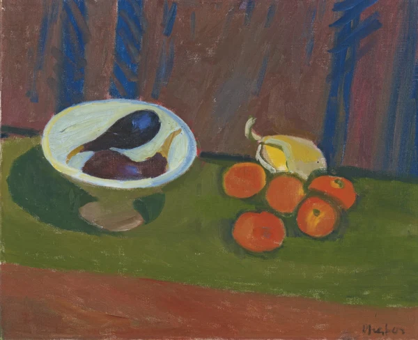 Albert Pfister — Früchtestillleben mit Auberginen in Schale mit Tomaten und Zitrone