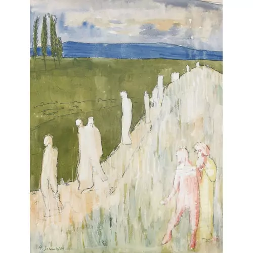 Weite Landschaft mit wandelnden Figuren