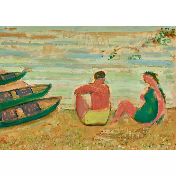 Strandpartie mit Badenden und Booten