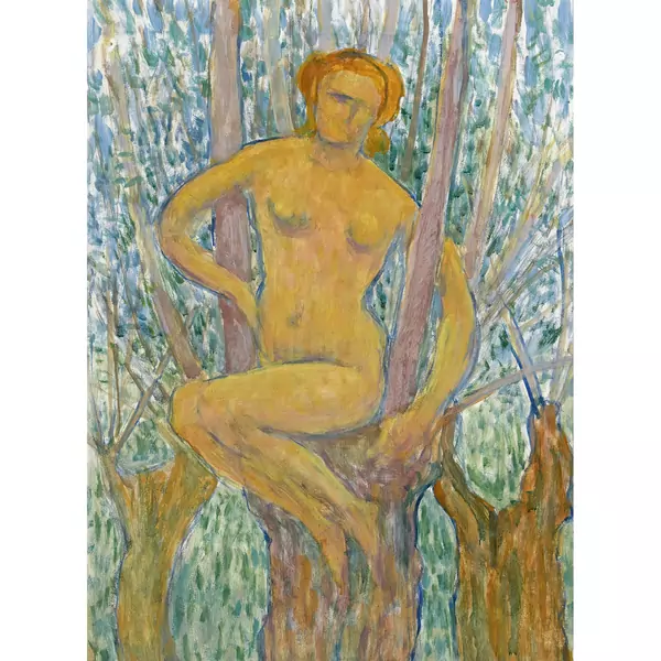 Sitzender weiblicher Akt auf einem Weidenbaum