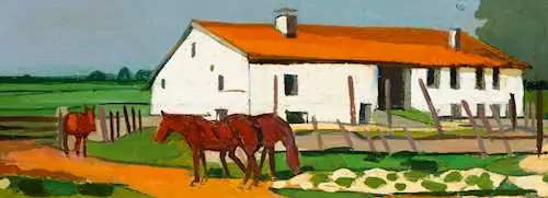 ALBERT SCHNYDER — Pferde vor dem Bauernhof (Le peuchapatte). 1949–50. — Koller Auktionen