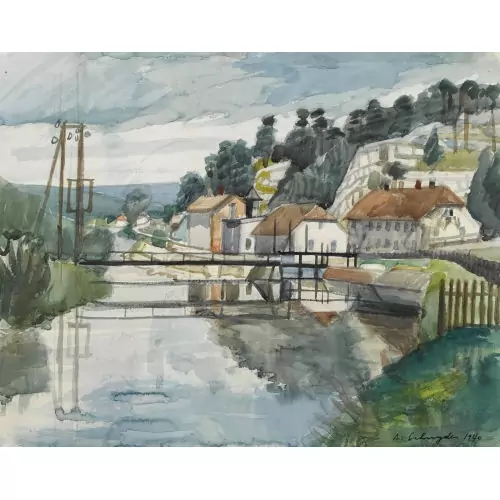 Sommerliche Partie am Doubs mit Eisensteg und Weiler