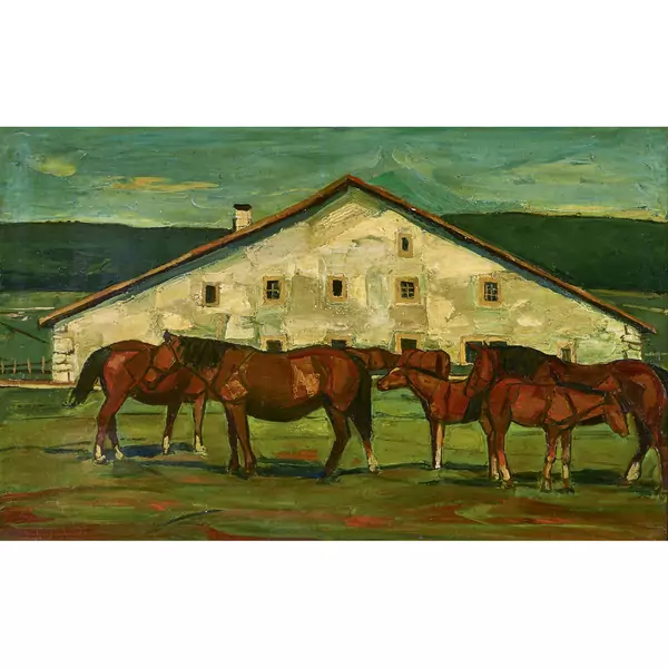 "Chevaux devant une grande ferme"