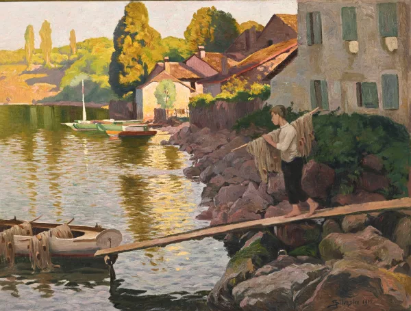 Albert Silvestre — Jeune pêcheur et sa barque au bord du lac