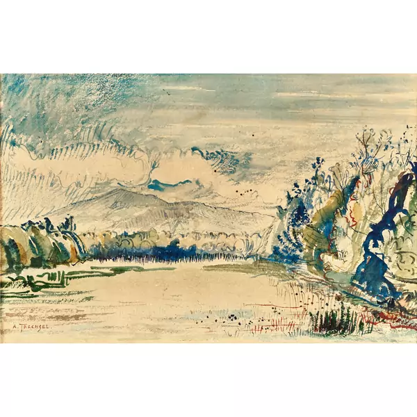 Uferlandschaft mit Bergkette