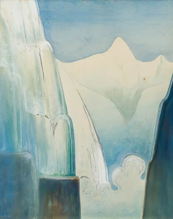Traumlandschaft mit Wasserfall und Bergen, um 1895