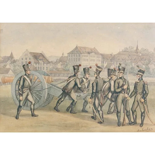 Albert von Escher — Soldaten mit Kanone vor einer Stadt.