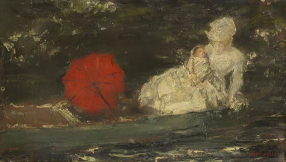 Albert von Keller — Frau und Kind im Freien mit rotem Parasol