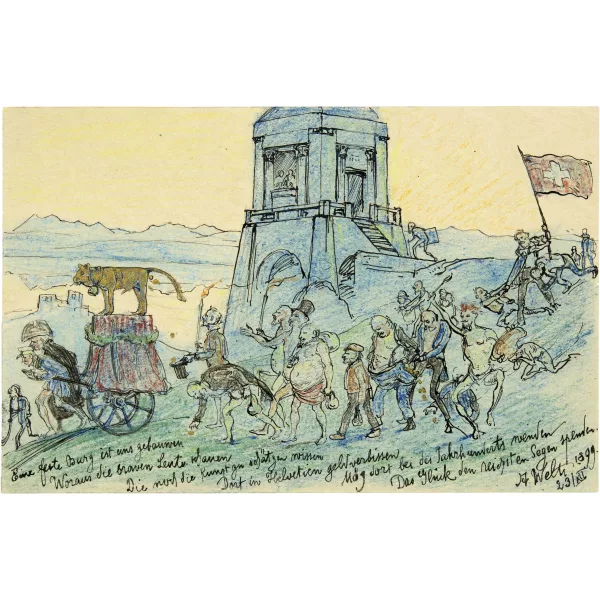Albert Welti — Zug der Eidgenossen hinter dem goldenen Kalb auf Rädern, mit der Schweizer Fahne am Ende des Zuges. Postkarte