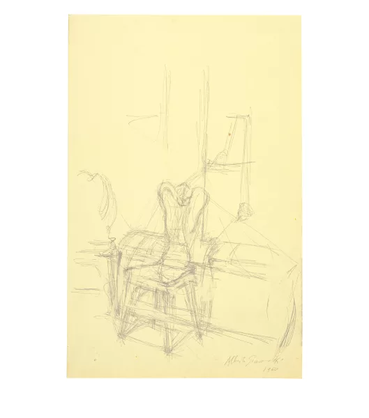 Alberto Giacometti — Chaise et bahu dans la salle à manger à Stampa (recto) - Esquisse du nez et œil de la mère (verso)
