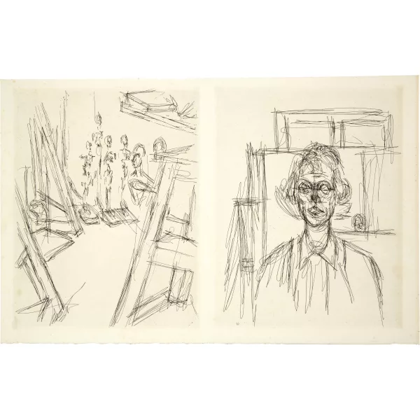 Alberto Giacometti — Robert Lebel. La double vue. Avec un diptyque gravé à l’eau-forte de Alberto Giacometti. Suivi de l’inventeur du temps gratuit. Avec un pliage de Marcel Duchamp Paris, Le Soleil Noir, 1964