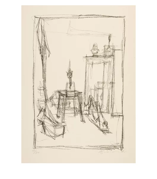 Alberto Giacometti — Sculptures et tableaux dans l’atelier dont "Le Chat" et "Le Chien"