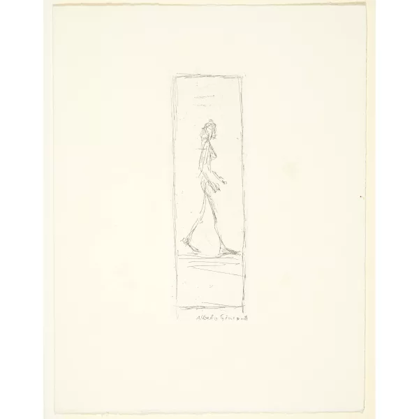 Alberto Giacometti — Femme nue marchant de profil à droite. – L’Atelier à la sellette. – Deux sculptures dans l’atelier