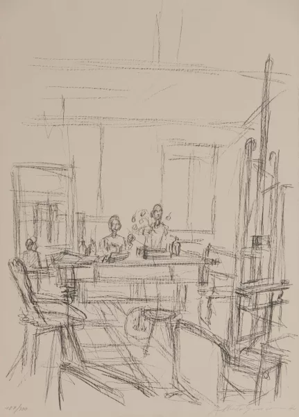 Alberto Giacometti — Sculptures sur la grande table dans l'atelier à Stampa, 1965